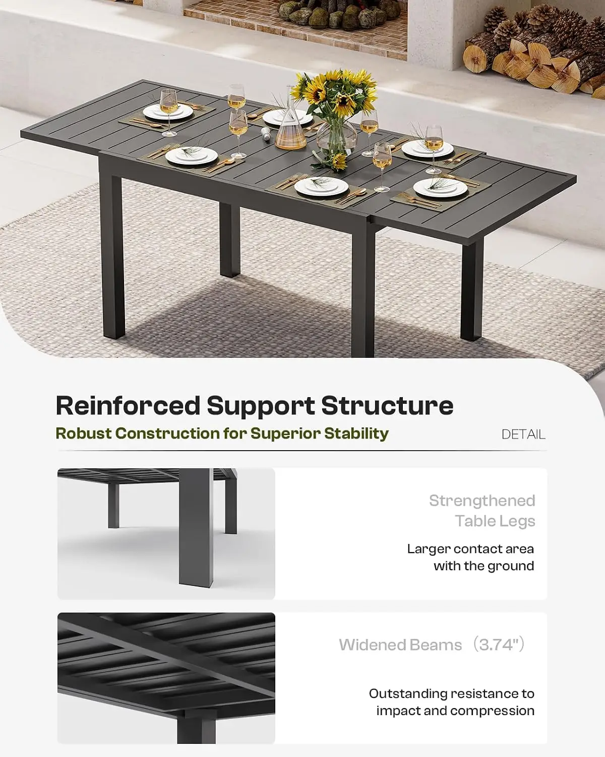 Expandable Patio Dining Set for 6-8 Person Aluminum Table & 4 Chairs Textilene & HDPS Armrest All-Weather , Customized