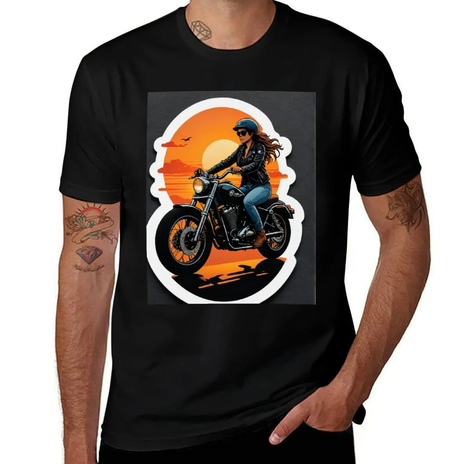 

Sunset and the motorcycle-woman rider T-Shirt summer 2025 oversizeds plus sizes fashion shirts mens tall t shirts