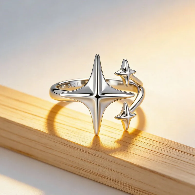 BF CLUB 925 Sterling-Ringe für Damen, schlicht, geometrisch, handgefertigt, unregelmäßige Retro-Sternform, allergiefrei, als Geburtstagsgeschenk