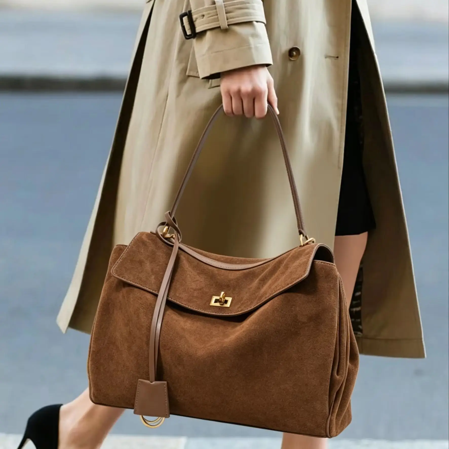 

Aidrani tote bag, autumn and winter high-end frosted suede cowhide bag for women, large capacity commuting underarm bag