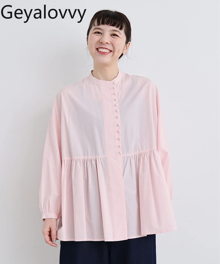 

Однобортная плиссированная свободная рубашка с длинными рукавами в японском стиле в стиле ретро, осенние новые милые однотонные универсальные топы для девочек