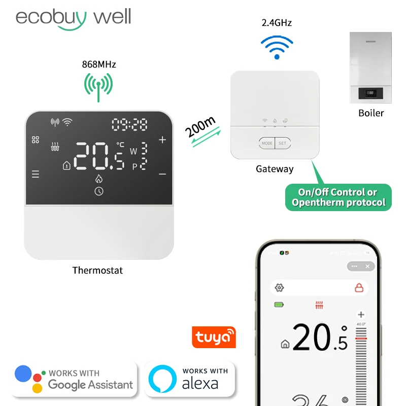 

Tuya Wifi Thermostat Wireless Gas Boiler Opentherm Thermostat Room Battery Powered RF 868MHz Boiler Wifi Temperature Controller