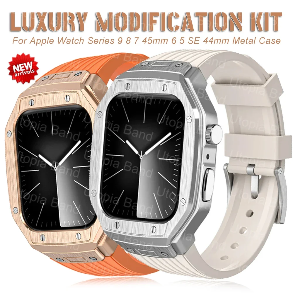 Luxury Alloy Case&TPU Strap for Apple Watch 9 8 7 6 5 45mm 44mm DIY Mod Kit for IWatch Series Stainless Steel Buckle Rubber Band