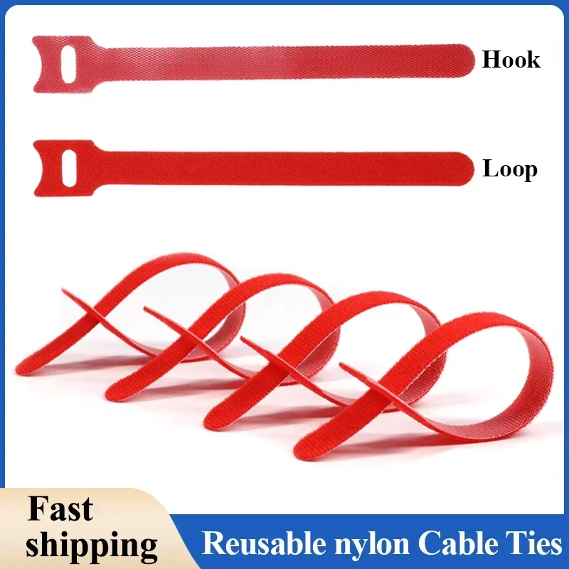 

Red T-type Reusable Fastening Cable Ties Adjustable Cord Ties Nylon Cable Management Straps Hook Loop Cord Organizer Wire Ties