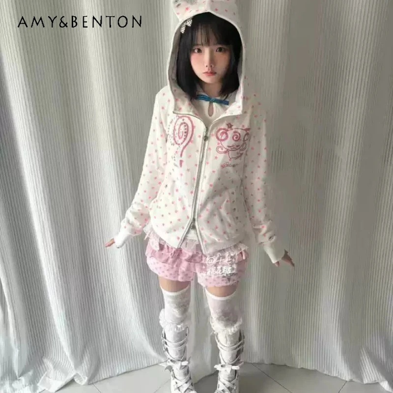 

Autumn New Sweet Cool Style Hooded Sweatshirt Women's Clothing Original Design Star Polka Dot Print Zipper Jacket Top Ladies