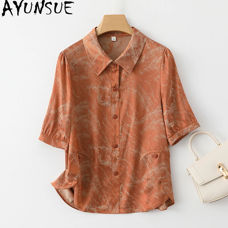 

AYUNSUE 92% Real Mulberry Silk Women Shirt Short Sleeve Summer Clothes Jacquard Shirts Blouses New 2024 Tops Рубашка Женская