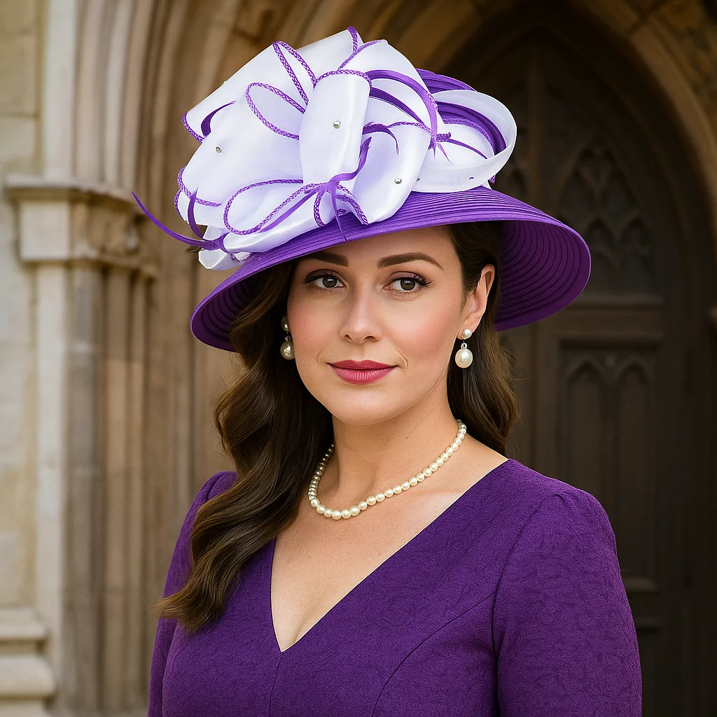 Women Satin Braid Church Hat with Bow for Tea Party Wedding Derby Races Elegant Wide Brim Fascinator Headwear