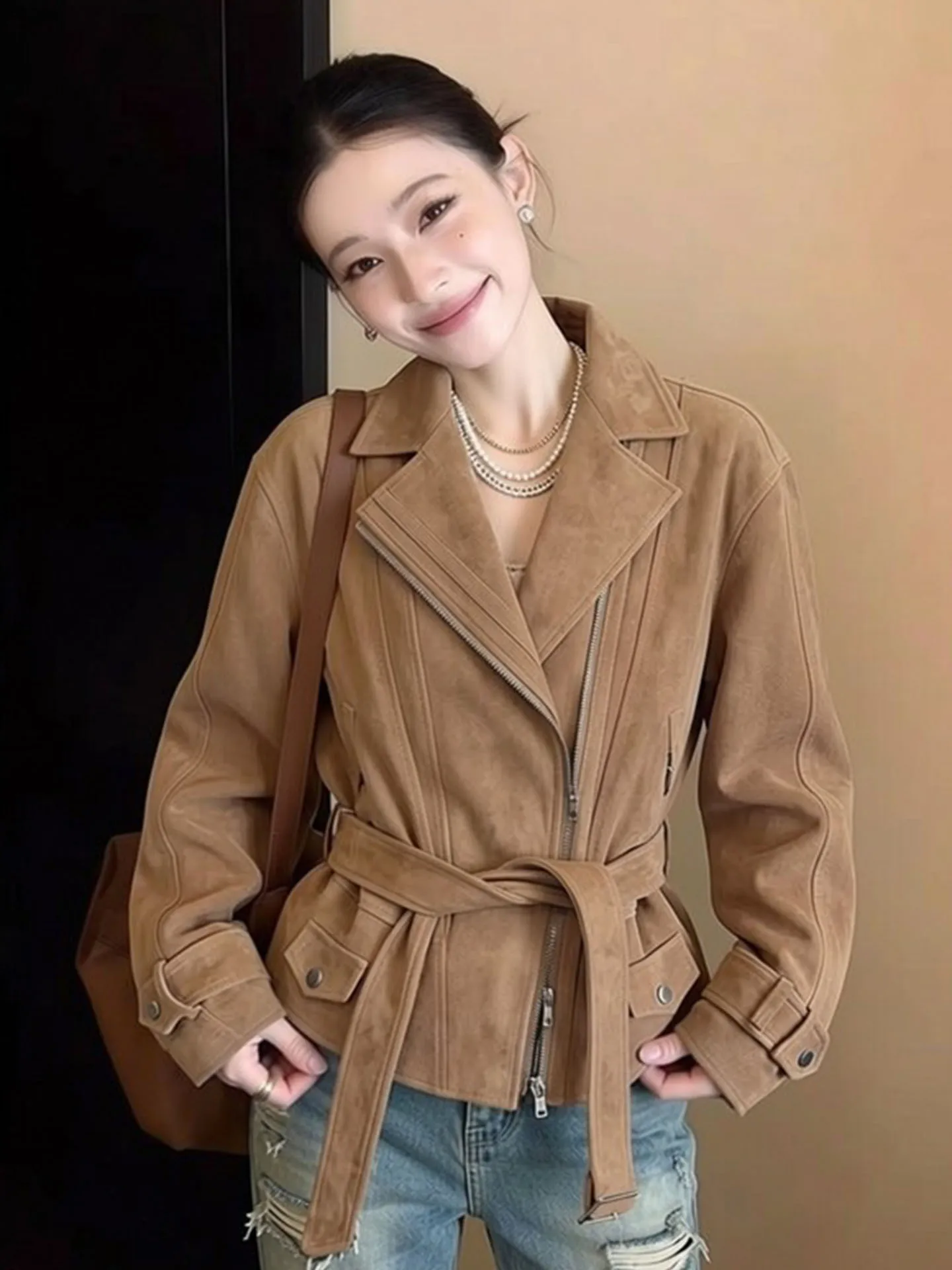 

Винтажное женское коричневое пальто с поясом на талии, весна 2026, модное, с воротником-стойкой, с поясом на талии, короткая верхняя одежда