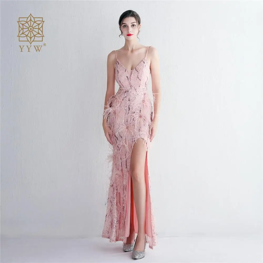 Spaghetti Strap Light Pink Women Evening Dress Mermaid Sequins Fairy Ladies Wedding Birthday Ball Gown Backless Feather Vestidos