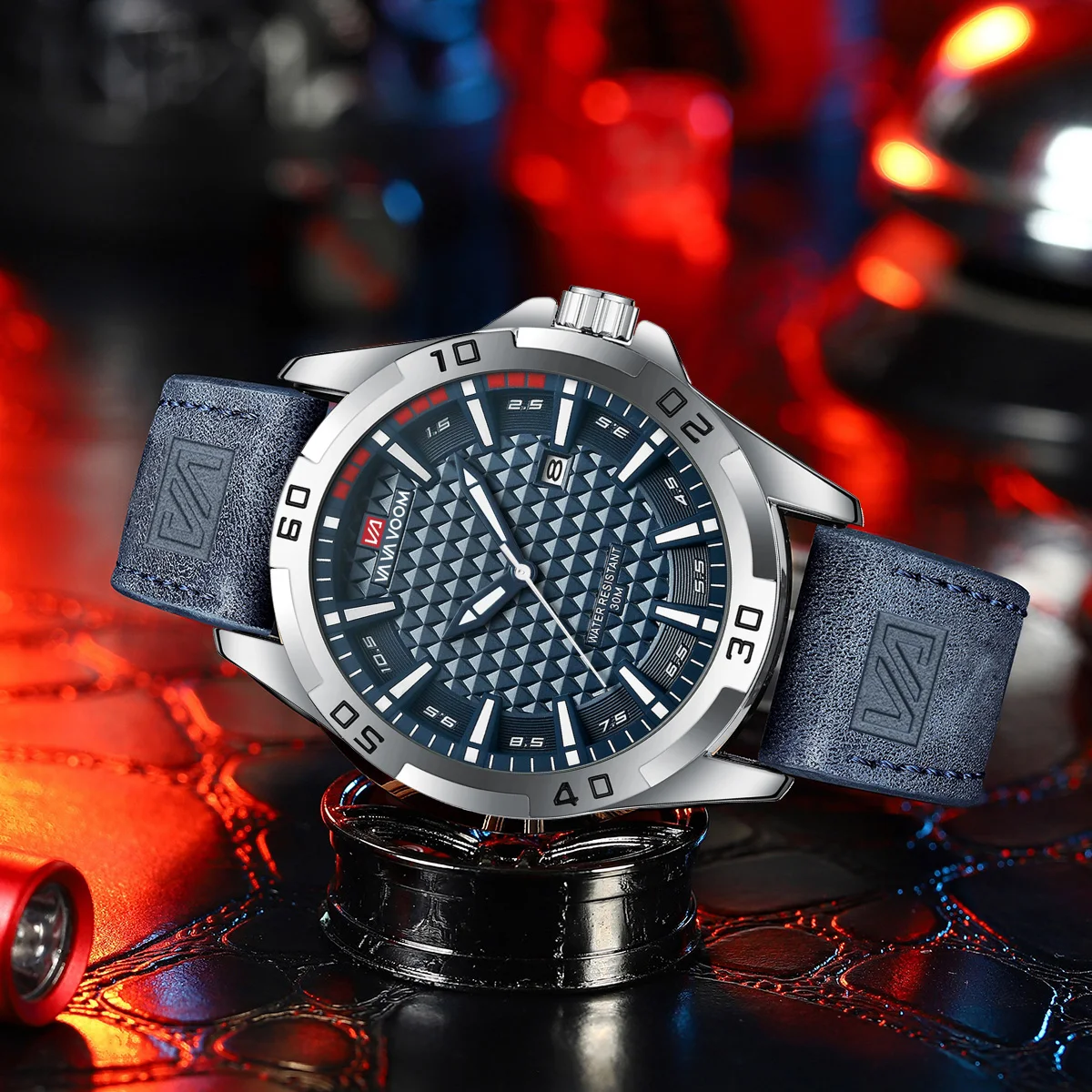 VA VA VOOM أفضل ماركة ساعة رجالية جلدية نمط الأعمال 45 مللي متر الفضة أسبوع ساعة 3Bar مقاوم للماء ساعة رياضية عسكرية للرجال reloj
