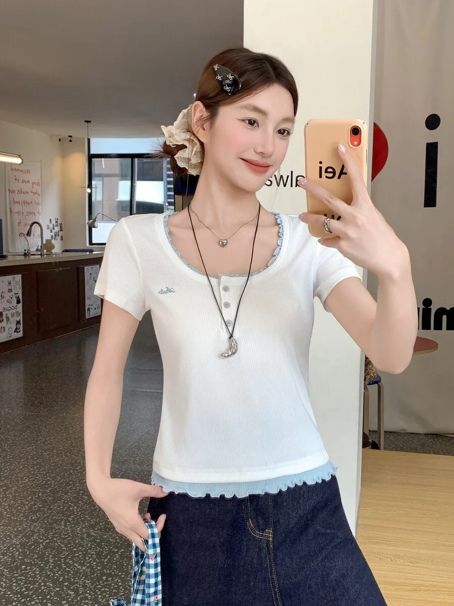  Style Short Sleeve Embroidered Slim Fit T-Shirt Women Summer Fashion Casual High Waist Design Travel Suitable Polyester...