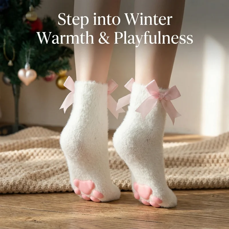 Damen Winter Thermo-Katzenpfoten-Socken mit Flauschiger Schleife Weiche Plüsch-Hausschuhe für Lolita Cosplay Innenbereich Niedliche Tierfußbekleidung – Detail 2