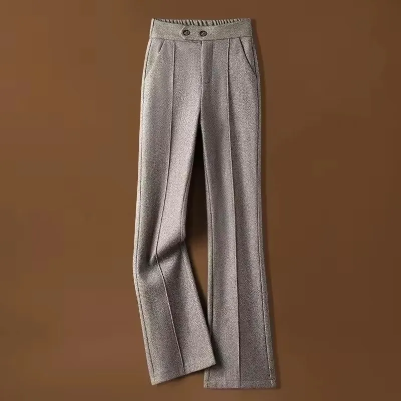 ファッションレディース厚いカジュアルストレートズボン女性ルーズパンタロン秋冬女性ハイウエストウールフレアパンツ ﻿