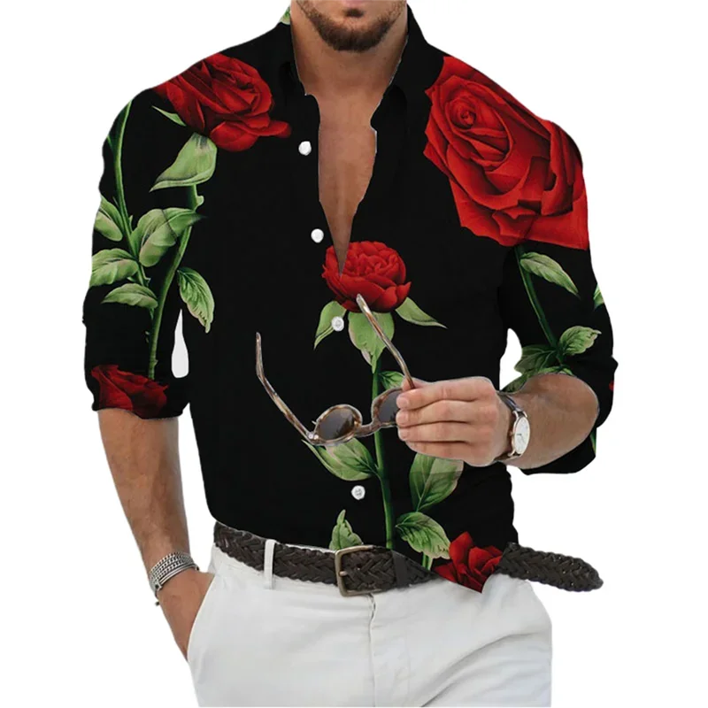 Figura geométrica de rosa masculina camisa casual, ao ar livre, elegante, confortável, design soft designer, plus size, primavera, verão, novo, 2023