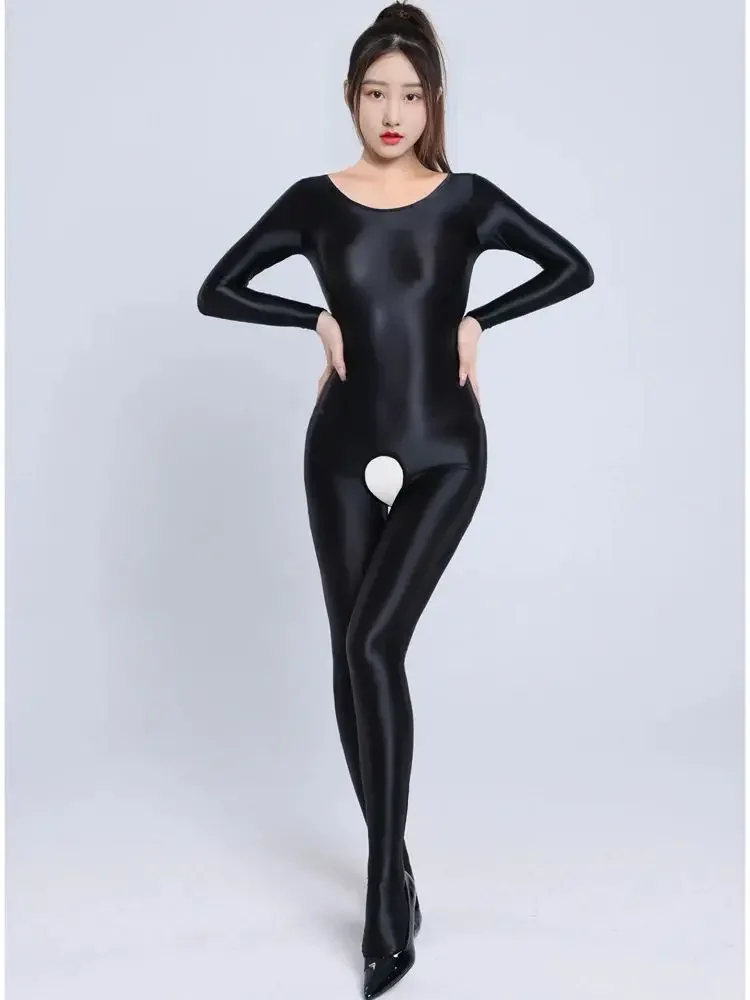 

M XL Unisex Seamless Bust Shiny Bodystocking Catsuit Close Open Crotch Bodysuit Tights Sexy Leotard Conjoined Jumpsuit Unitard