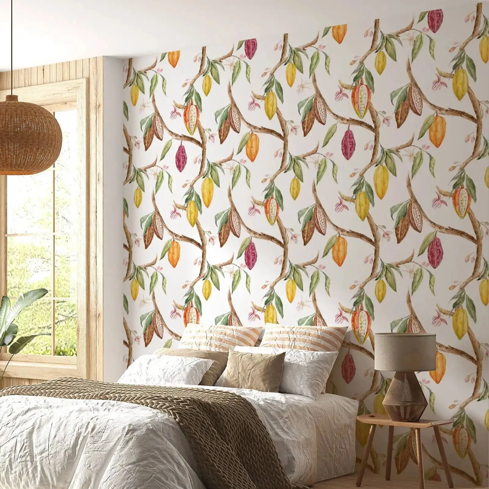 Cocoa on the Tree Wallpaper,Self-adhesive Retro Cacao Fruit Wall Mural For Home Decor,Peel & Stick Or Traditional Non-woven