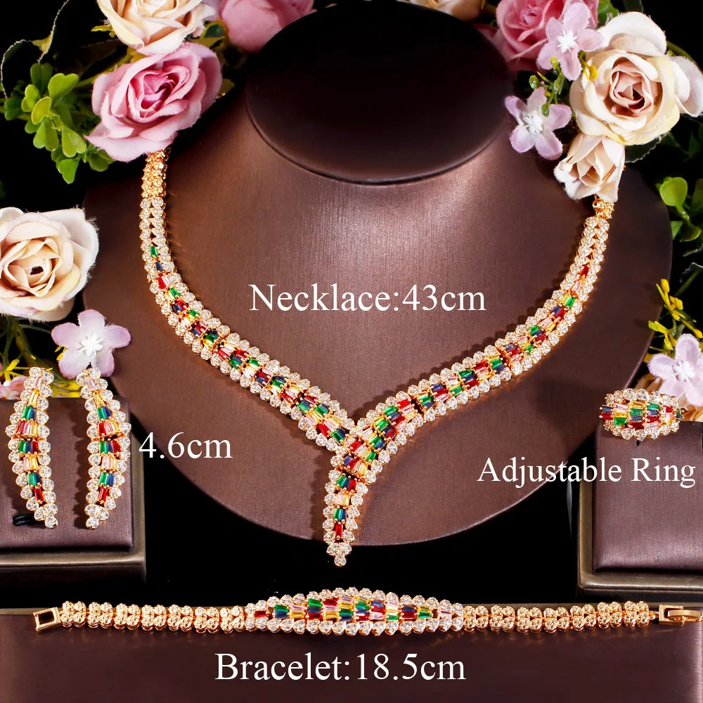 CWWZircons Heavy Stone Work Colorful Cubic Zirconia Luxury 4pcs Wedding Jewelry Set for Brides African Indian Gold Plated T653