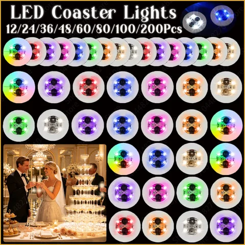 12‑200Pcs LED Coaster Lights Glowing Coaster Illuminated Wine Bottle Stickers Luminous Cup Mat Drinks Club Bar Party Decor Light