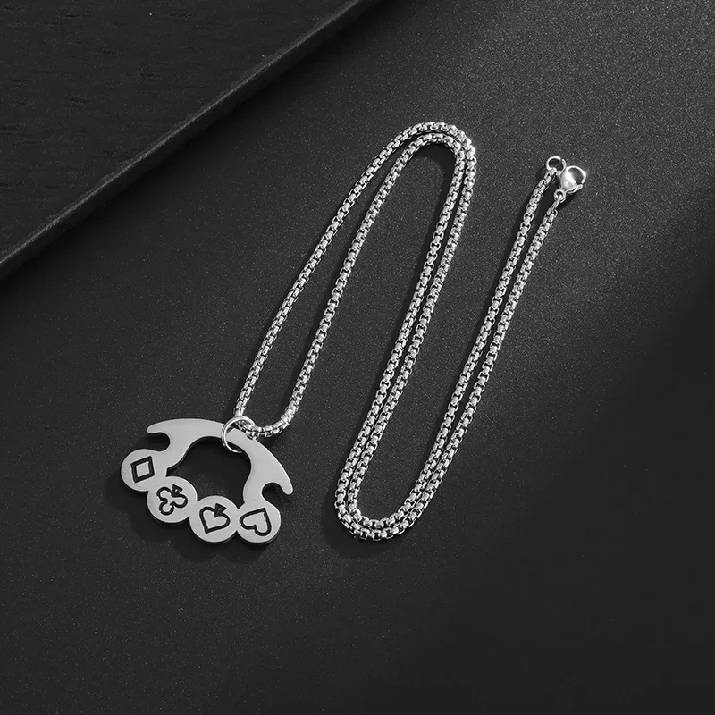 Stainless Steel Geometric Playing Cards Four Finger Boxing Finger Tiger Gloves Necklace Men's Punk Hip Hop Trendy Jewelry