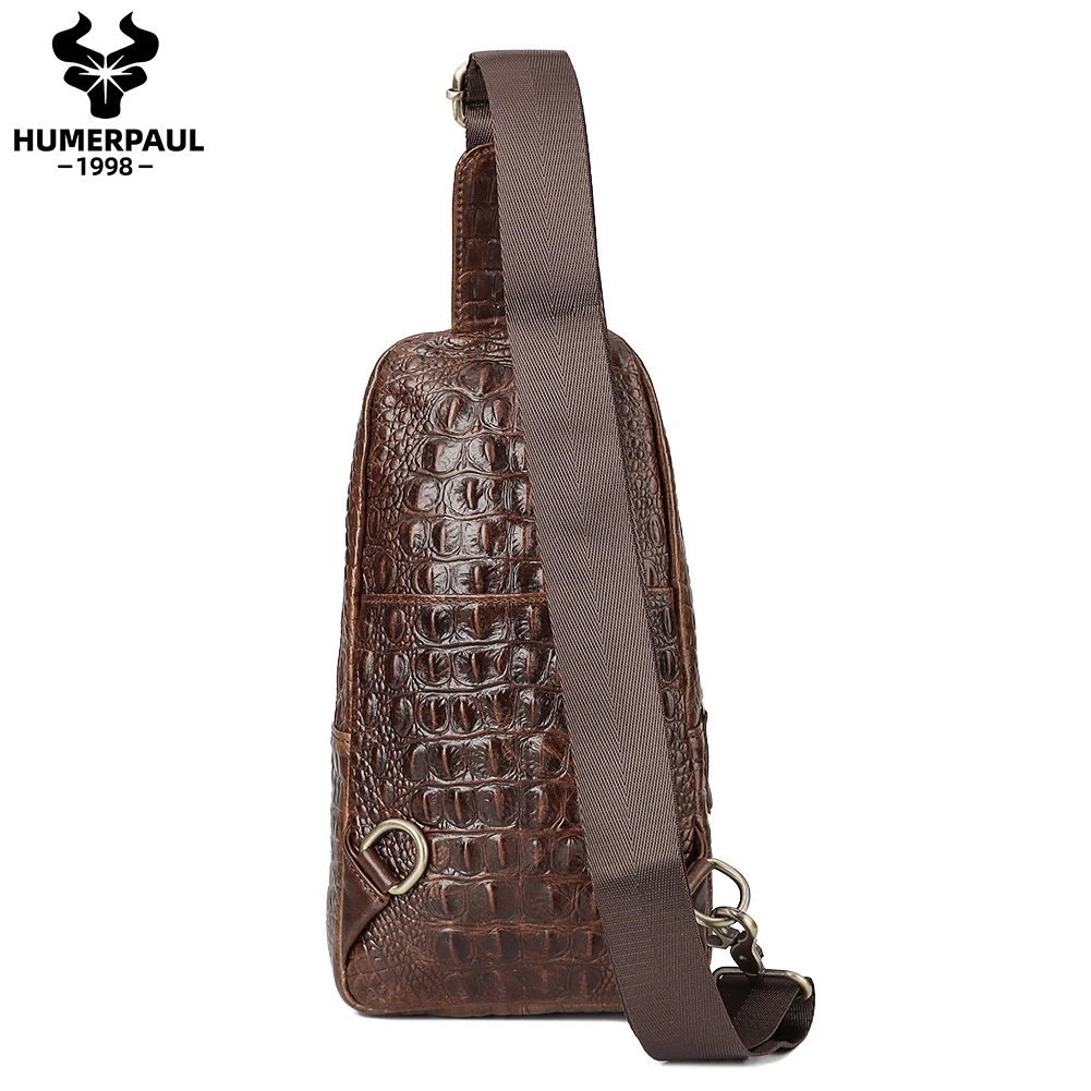 HUMERPAUL Crocodile Pattern Chest Bag Men First Layer Leather Classic  Crossbody Bag Retro Mobile Phone Bag for Outdoor