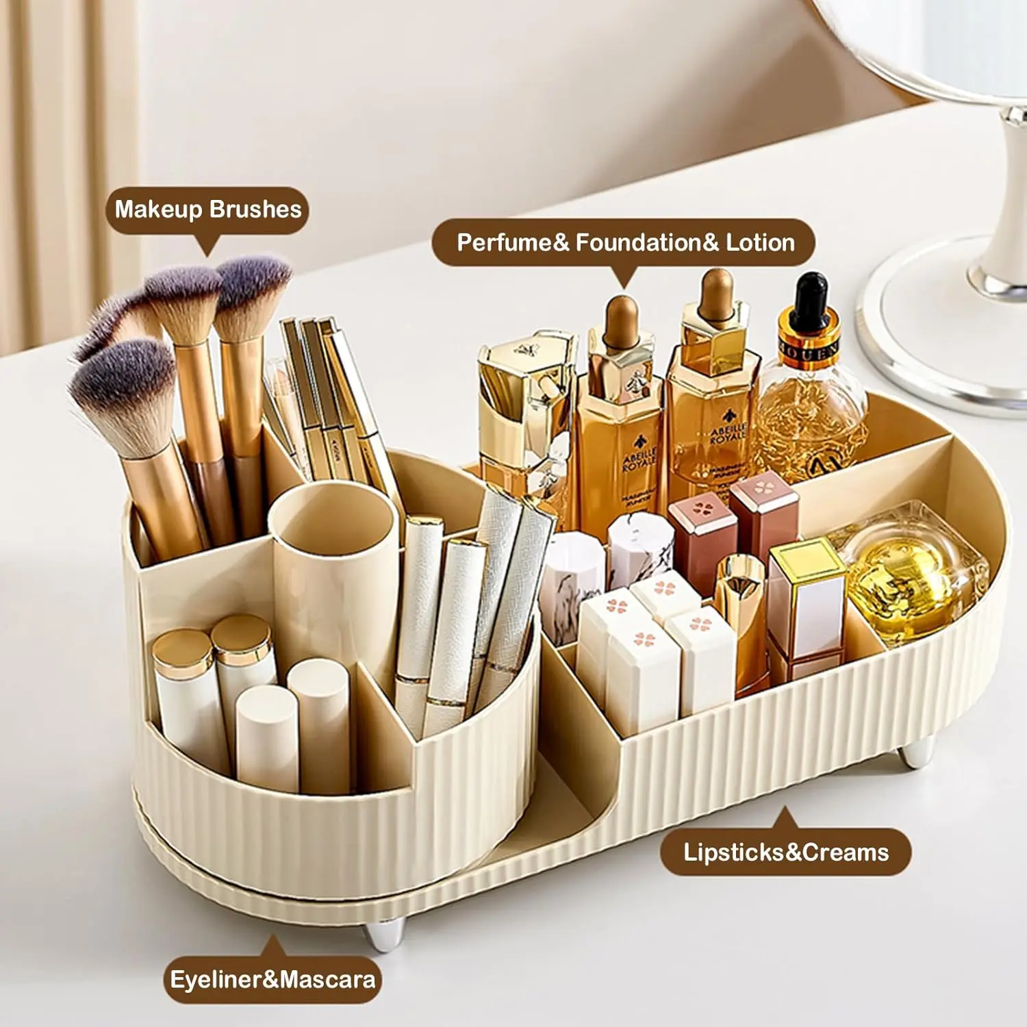 360 °   Organisateur de maquillage rotatif avec porte-brosse, grand rangement de cosmétiques rotatif pour les soins de la peau, les parfums et les lotions