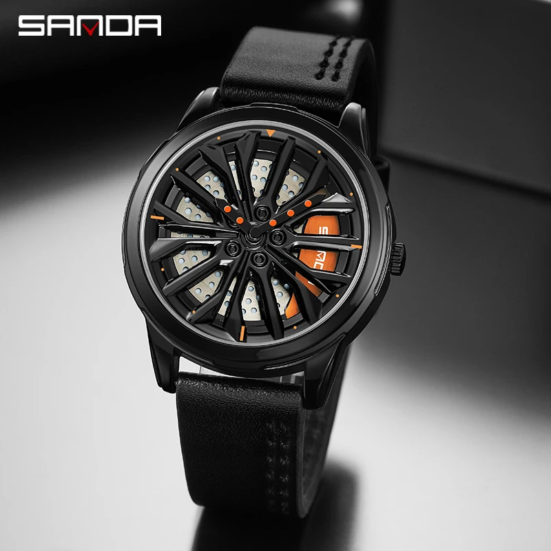 SANDA P1063 2023 Mens Rim Hub Watch Wheel Wristwatches Clock Sport Car Creative 360 Spinning Male Wrist Watches Reloj De Hombre