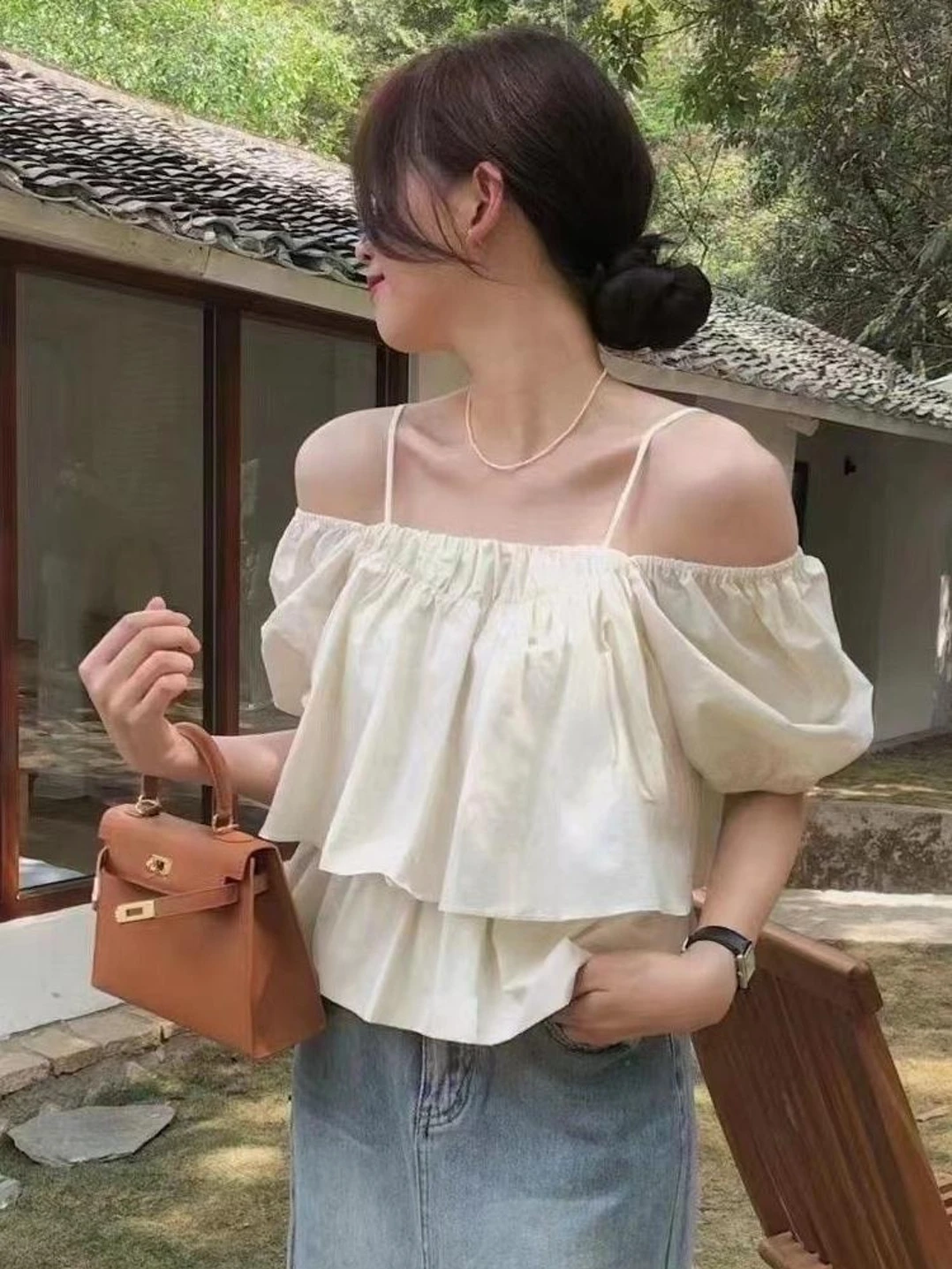 

e Вязаная ort Sve One oulder Fairylike Sweet Blouse Женская летняя irt Commute Sle Корейская версия ort Length