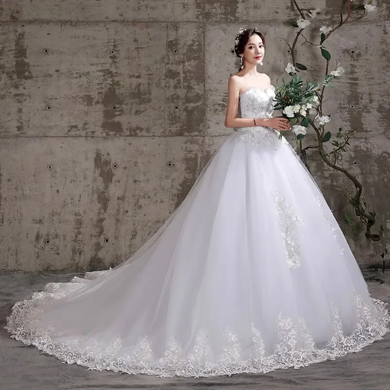 Cheap Wedding Dresses White Embroidery Tulle Ruffles Strapless Princess Trailing Lace up Plus size Simple Bride Ball Gowns XN021