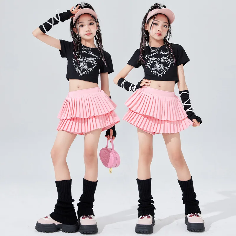 2026 Hip Hop Chic Clothing for Boys, Short Sleeve Shirt with Pink Print, Sleeveless Plaid Skirt in White Layers for Girls, Dress