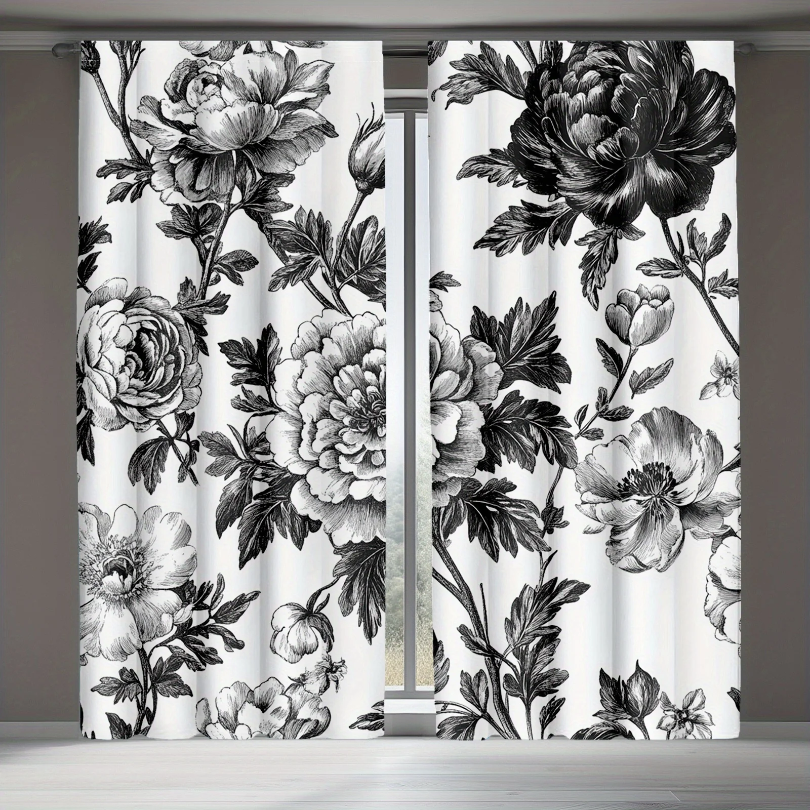 

2 шт. винтажные черно-белые шторы с цветочным принтом, полиэфирная ткань, можно стирать в машине, подходят для спальни, гостиной