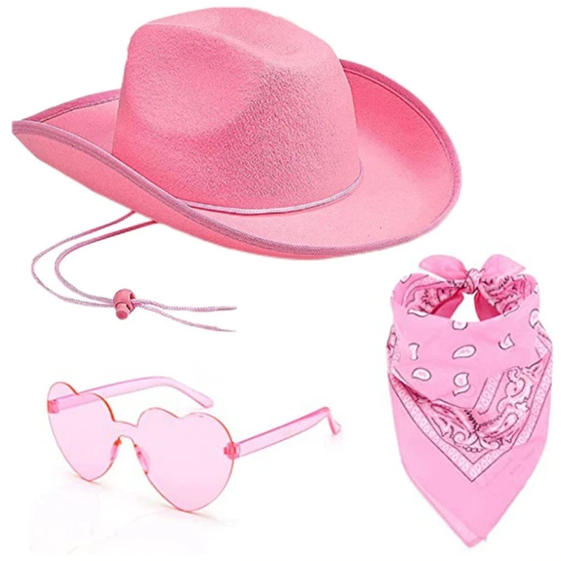 Women Cowboy Hat Western Wide Brim Hat Handkerchief Heart Sunglasses Set Cosplay Party Hat Costume Fedora-Hat Headdress