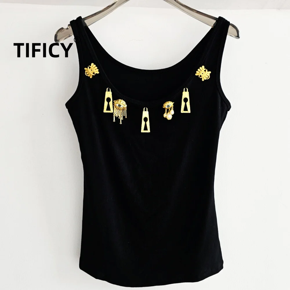 High Street Tees Tanks Heavy Industry Metal Key Decorative Sleeveless Women Slim Fit Elastic Strap Tanks Tops