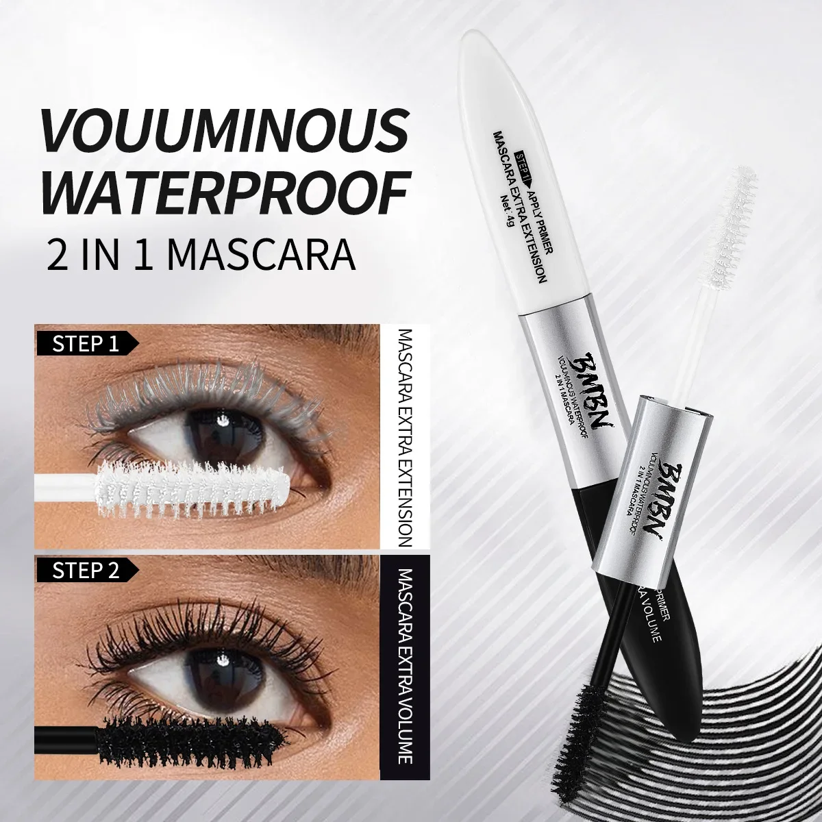 Mascara cils 2 en 1 4D en Fiber de soie, noir, Volume imperméable, Double allongement, bouclage, imperméable pour les yeux