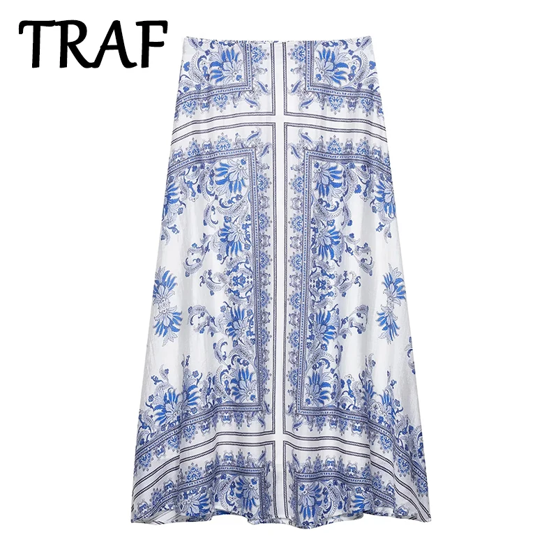 

TRAF Women Skirt Printing Loose Casual Chic Draped Skirts Fashion 2025 Spring Summer Female Elegant Long Skirts ﻿