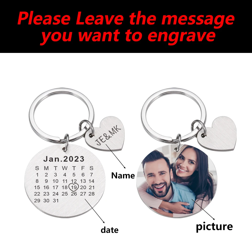 Personalized Color Photo Keychain Valentine's Day Gift Custom Calendar Couple Keyring Romantic Gifts for Boyfriend Girlfriend