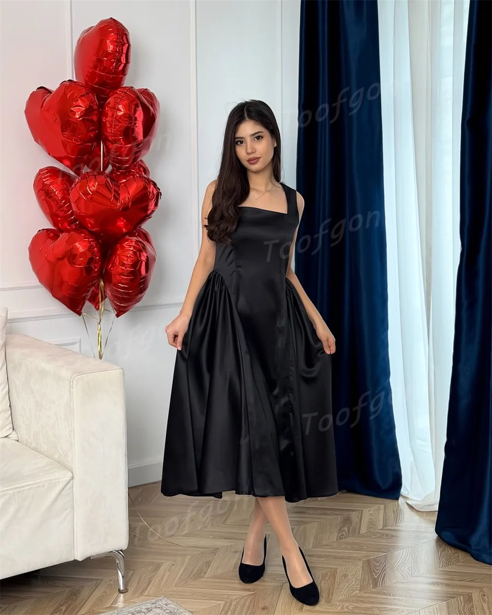 Toofan с квадратным вырезом, черные трапециевидные платья для выпускного вечера, атласные платья чайной длины, женские вечерние платья, свадебное платье для помолвки по индивидуальному заказу