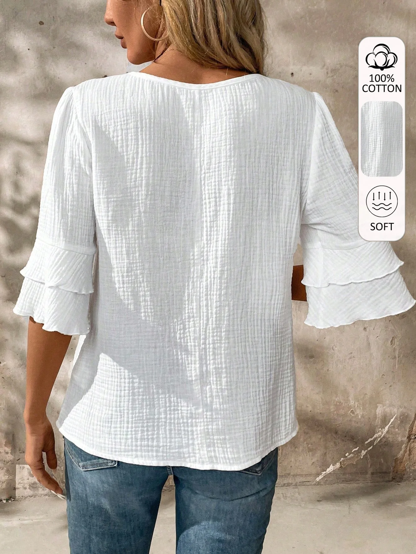 1 100% Baumwolle Lässiges Damen-T-Shirt, Das Design Mit Mehrschichtigen Ärmeln Ist Modisch und Elegant – Detail 3
