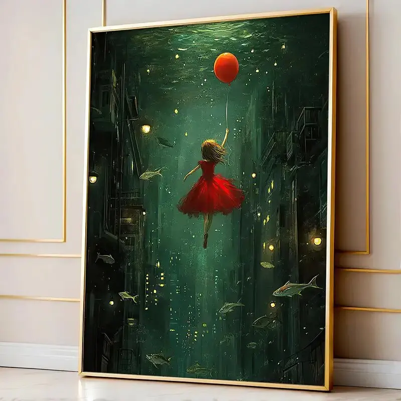 Girl in Red Dress Poster Prints Underwater Cityscape with Fish Canvas Painting Wall Art Picture for Living Room Home Decor Gift