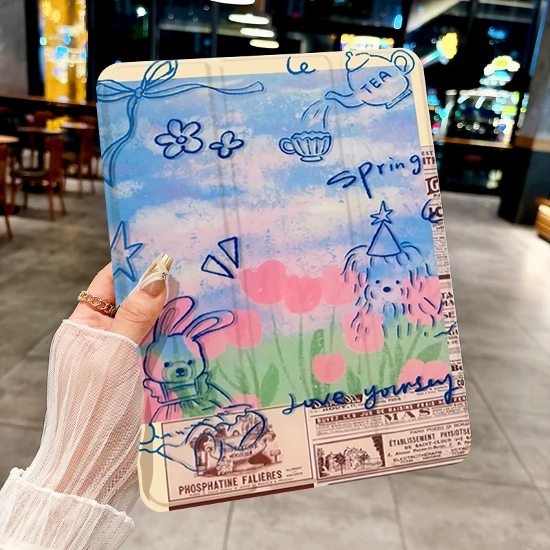French retro illustration tri-fold Tablet CASE For iPad pro 10/11/2020/6th/7th /8th /Air 3rd/Air 4th/9th gen/Air 5th Gen 2022/Ai