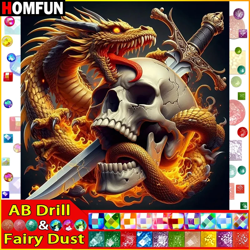 HOMFUN Fairy Dust AB Rhinestone Painting Crystal Decor Diy Diamond Painting "Skulls Dragons" 3D Pattern Diamond Embroidery