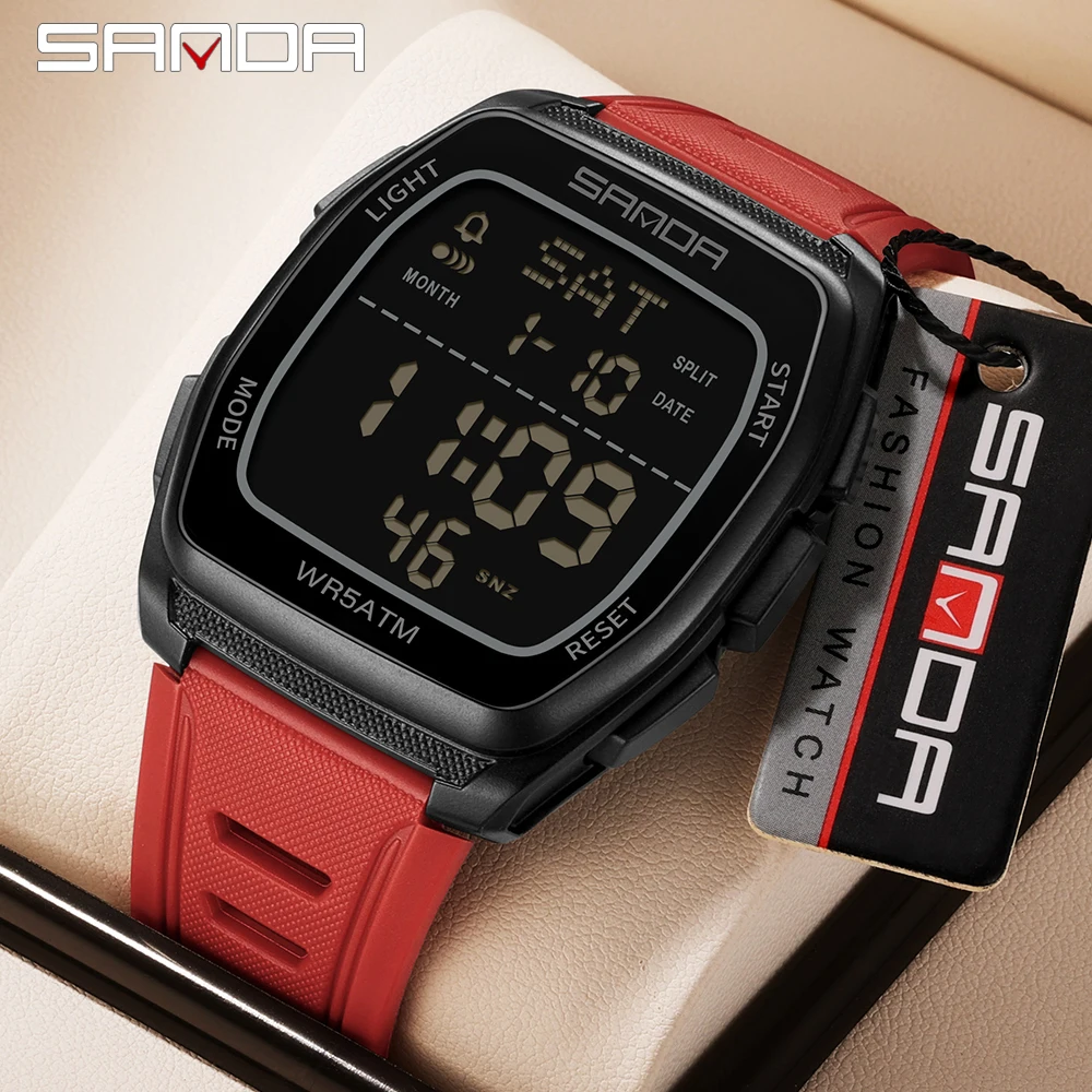 SANDA 2026 Fashion Men's Electronic Watch Multi functional Alarm Clock Night Light Waterproof Shockproof Sports Men's Watch 9080