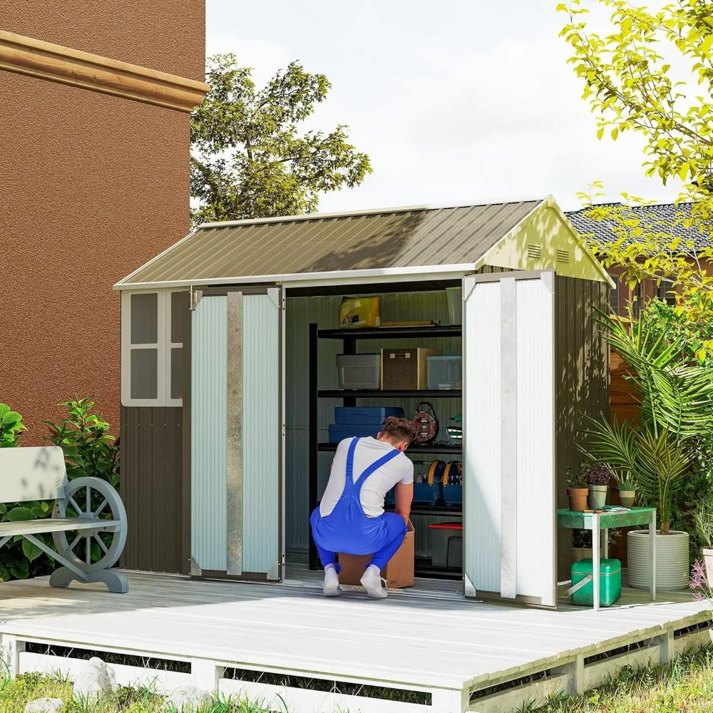 

"Outdoor Storage Shed, Metal Garden Shed with Window and Double Lockable Door, Tool Storage Shed for Outdoor Use"
