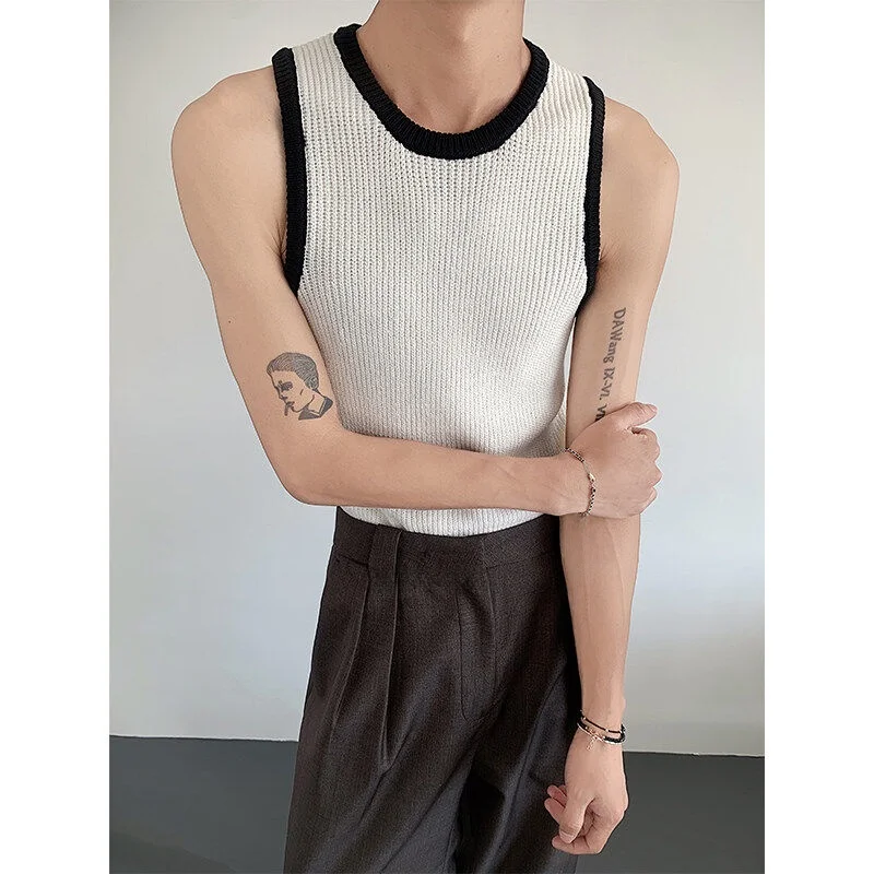 

Летний трикотажный жилет для мужчин 2025 года, новый, модный, в стиле колор-блок, с вырезом на плече, свободный крой, в корейском стиле