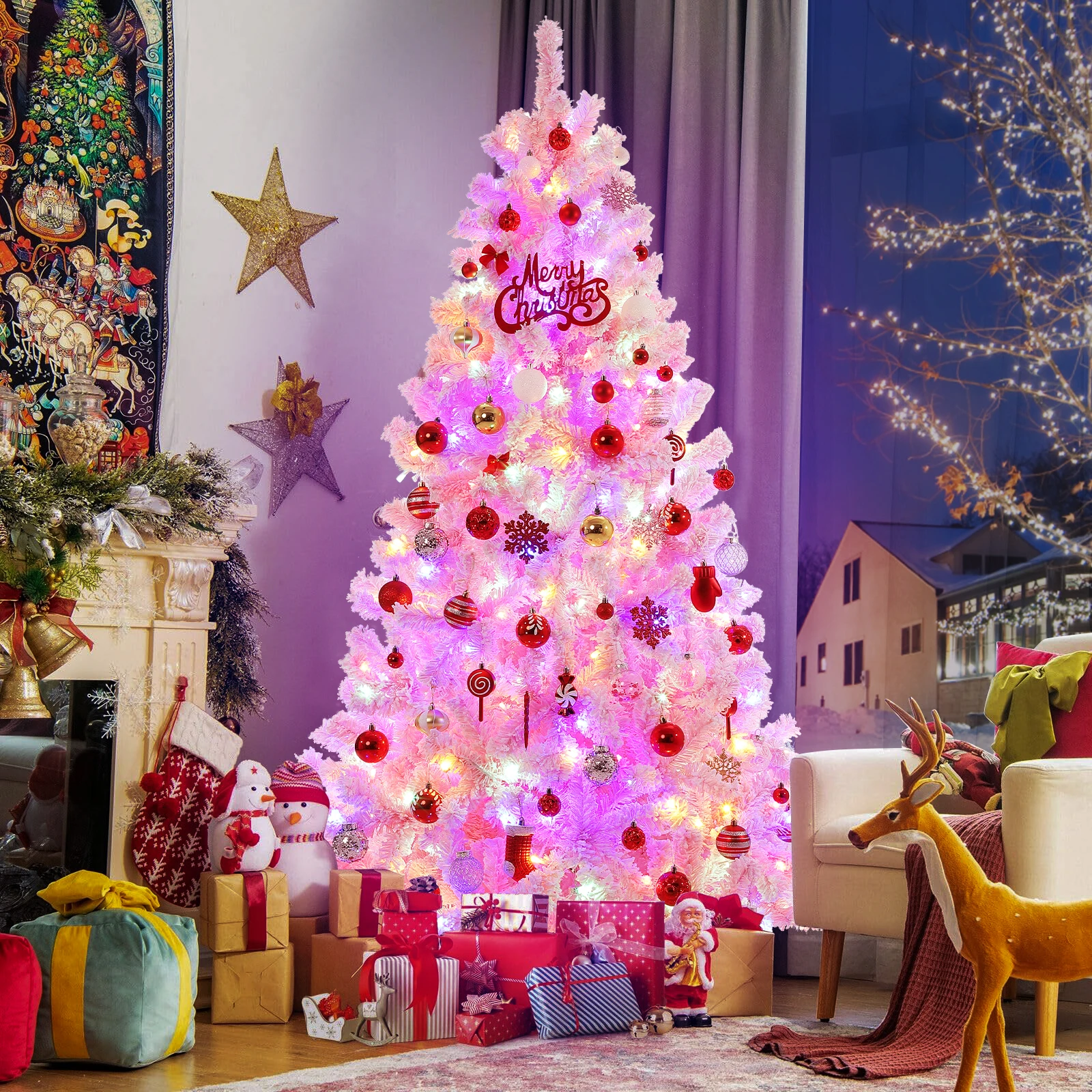 

6Ft Pre-lit Pink Artificial Christmas Tree,Snow Flocked Faux Xmas Pine Tree with 250 Multi Color LED Lights