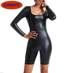 Women's Bodysuit Long Sleeve Jumpsuit Catsuit Bodycon Romper Sport Fitness Yoga Suit Sexy One Piece Faux Leather Short Jumpsuits