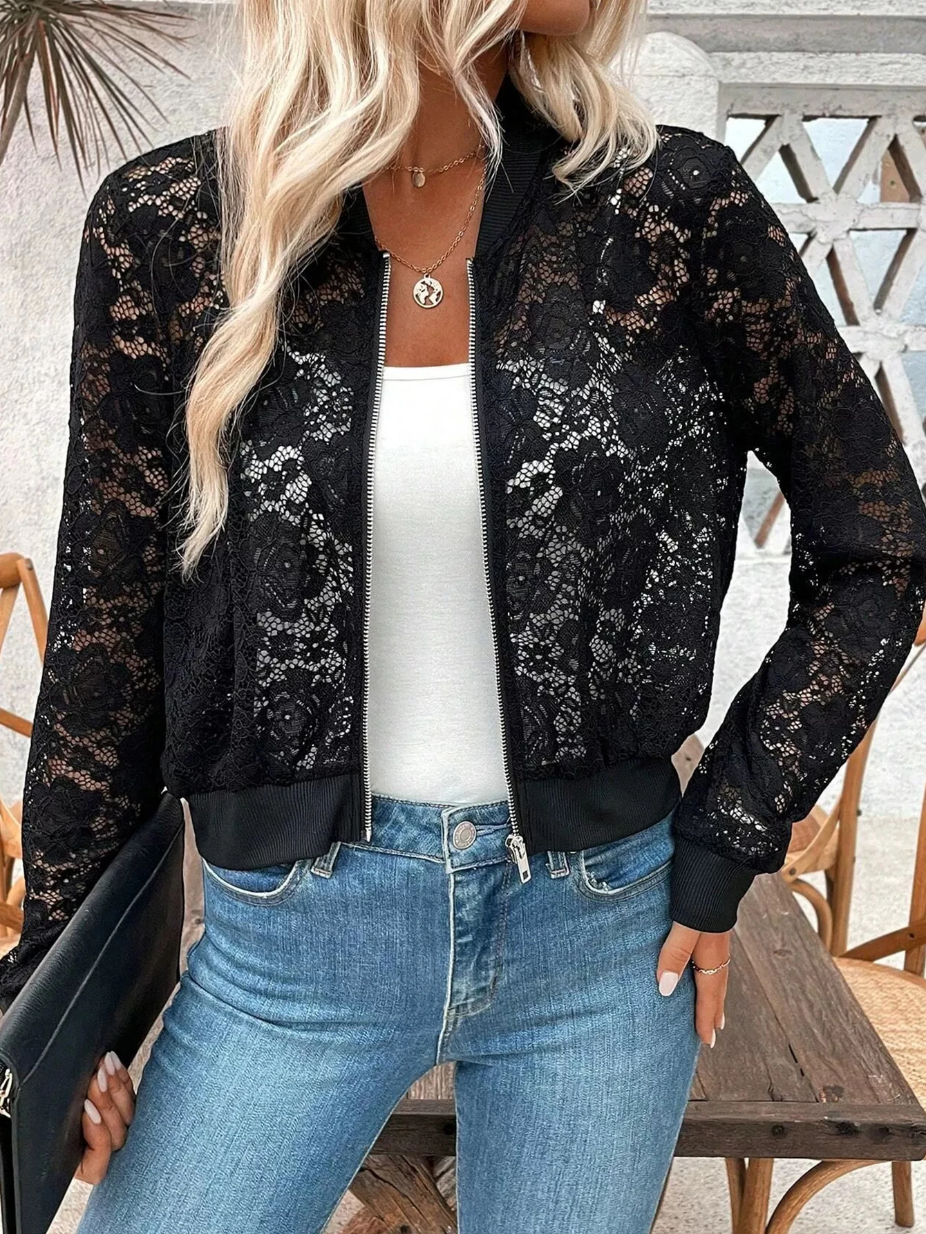 

Summer Jackets 2025 Women's Mature Vibe Lace Patchwork Long Sleeve Baseball Collar Regular Fit Streetwear Jackets