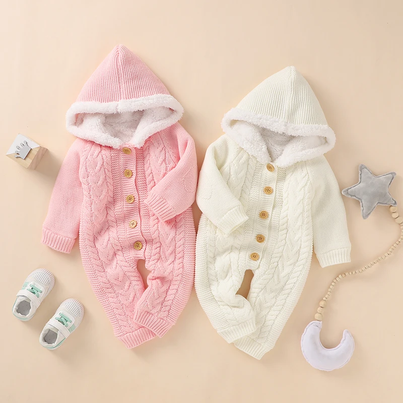 Boy Baby Rompers Knitted Infant Jumpsuit Long Sleeve Winter Newborn Kid Clothing Fashion Hooded 0-18M Solid Fleece Warm Overalls