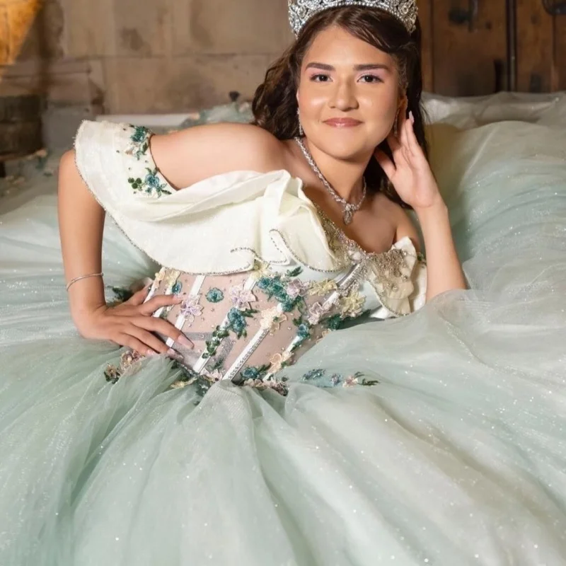 

olive green Shoulder Quinceanera Dress glitter flower decal Tull layering vestidos de 15 Quinceanera ﻿Customized