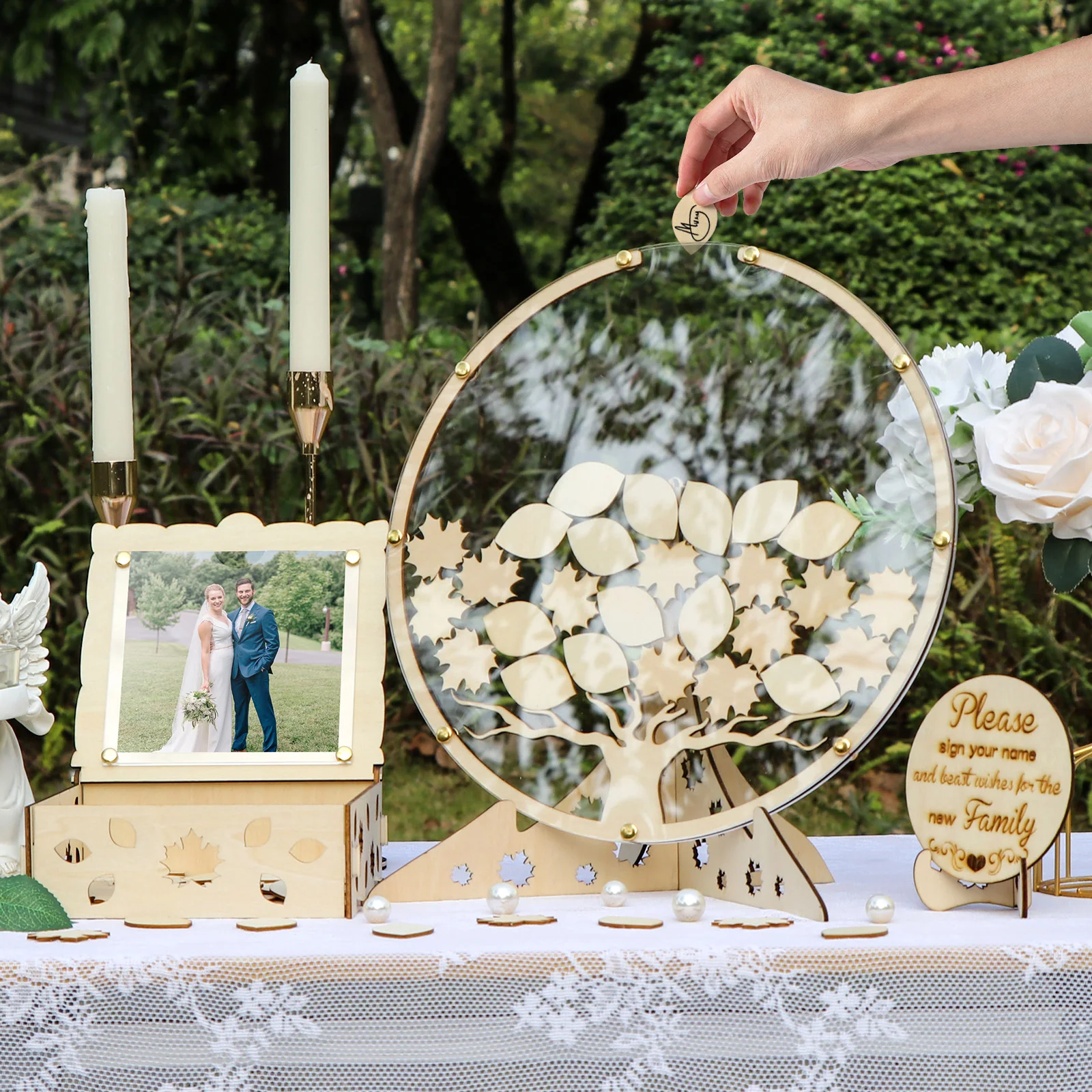 Wooden Wedding Guest Book Alternatives Guest Book Round with 30 Maple and Elliptic leaf slices Double Bracket for Wedding Decor