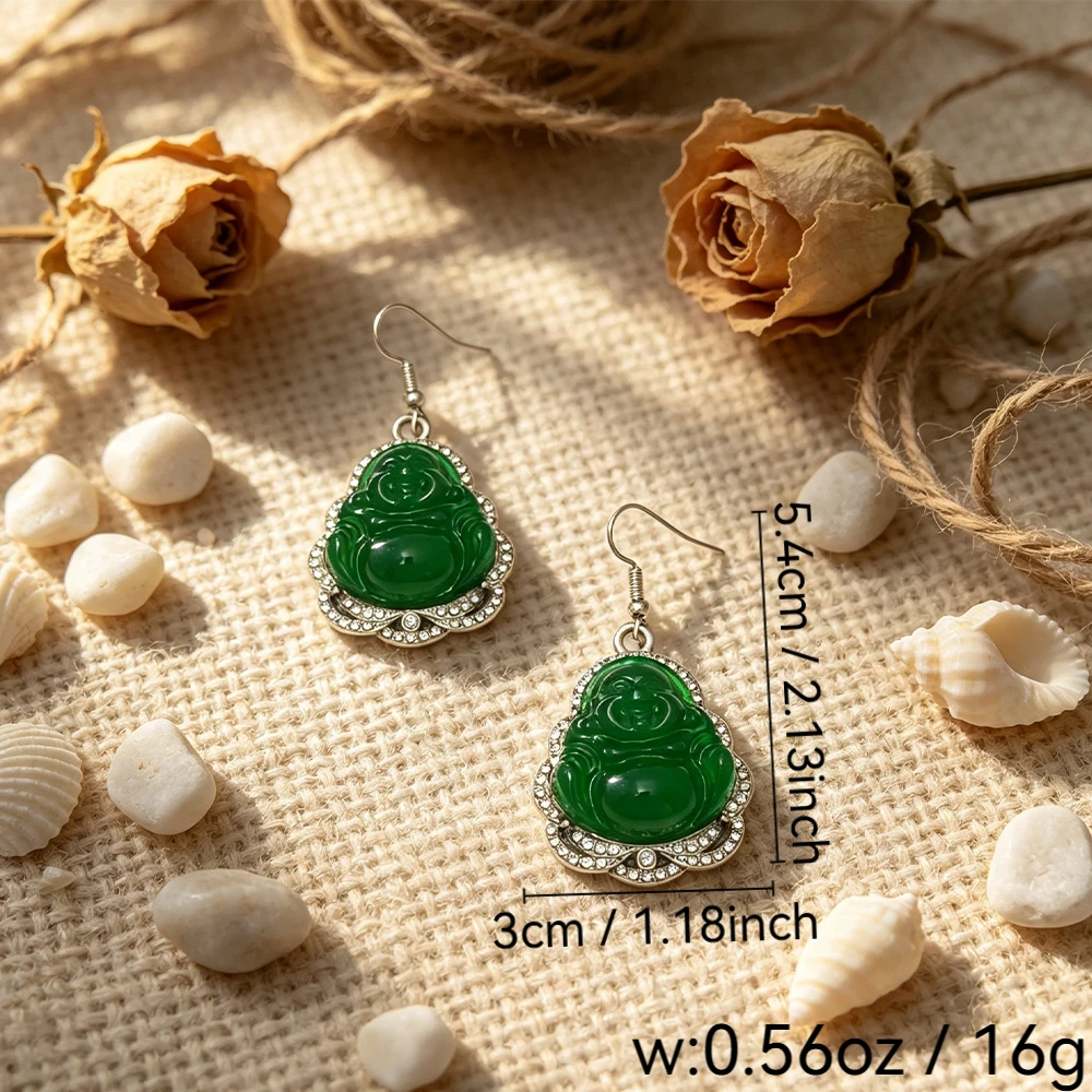 Maitreya Buddha imitation green jade hook earrings, diamond-studded Laughing Buddha vintage ethnic style drop earrings, Chinese-style women's fashion accessory